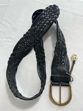 MICHAEL Michael Kors Braided Chunky Black Leather Belt, Large, Gold Buckle